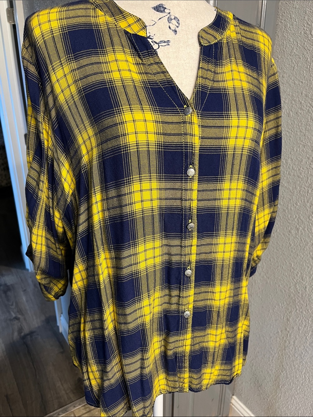 Philosophy Yellow and Navy Plaid Button Front Blouse